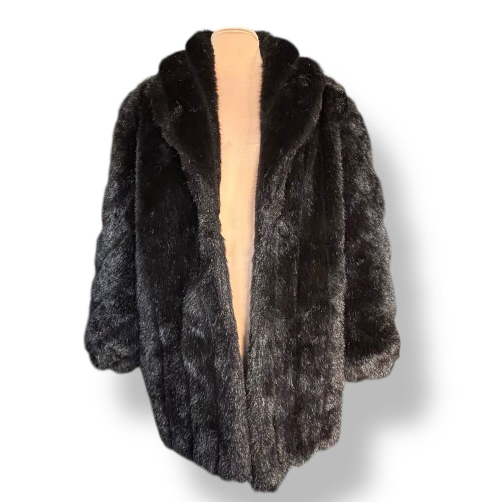 Vintage Monterey Fashions Faux Fur Coat Black Brown Plush Size Large Classic